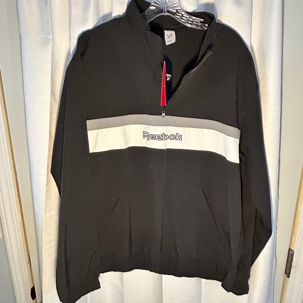 Reebok Mens Quarter Zip Pullover Jacket Black White Color Block Track Style